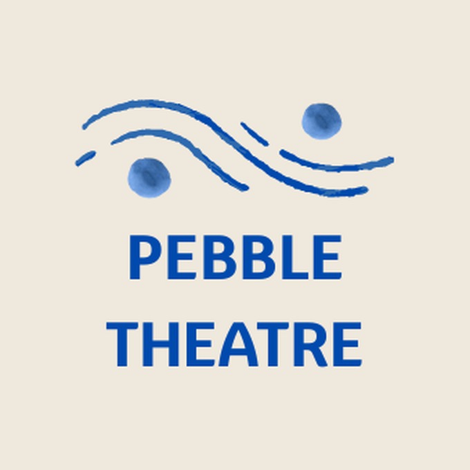 Pebble Theatre logo: two blue pebbles and flowing ripple lines above the company name.